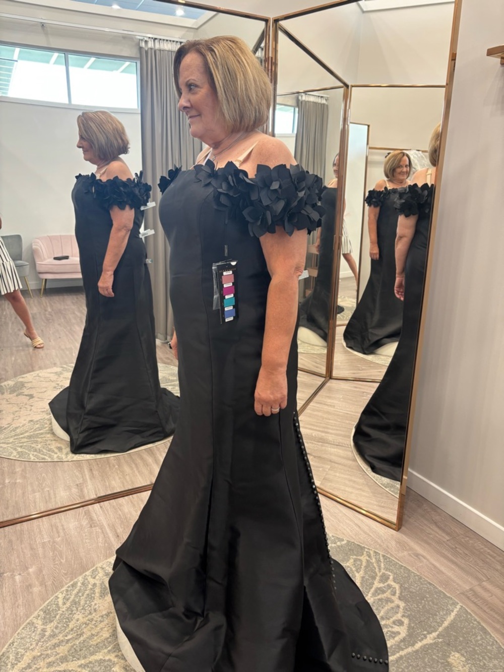 Black Strapless Off-Shoulder Floral Applique Evening Gown